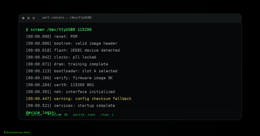 Realistic firmware serial-console terminal on a black canvas with boot logs and a small neon-green Bitcoinversus.tech tag at the lower left.