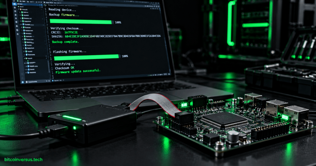 Microcontroller firmware backup, checksum verification, and flashing workflow on a dark technical workbench