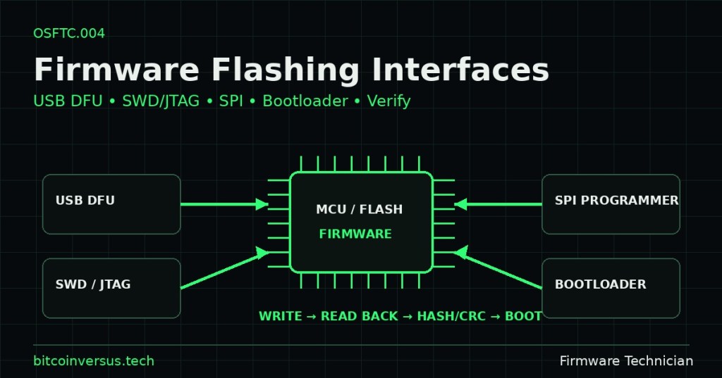 OSFTC.004: Firmware Flashing Interfaces — USB DFU, SWD/JTAG, SPI Programmers, Bootloader Modes, and Write&nbsp;Verification