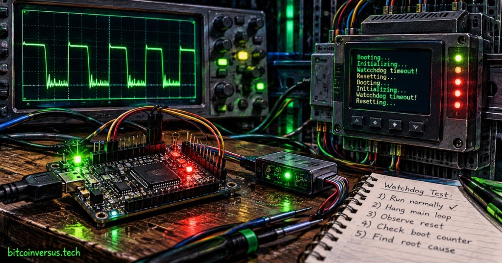 Colored-pencil electronics workbench showing a microcontroller repeatedly resetting from a watchdog timeout while an oscilloscope and programmer capture the event.