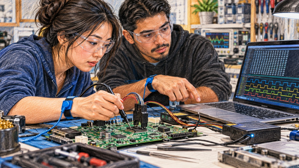 Two firmware technicians troubleshoot a circuit board on an ESD-safe bench with a programmer, laptop, and digital waveforms