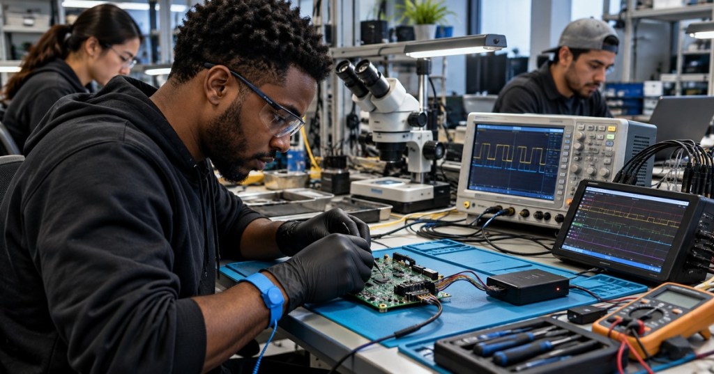 A Black firmware technician in an electronics lab tests a circuit board with a logic analyzer, oscilloscope, programmer, and ESD protection