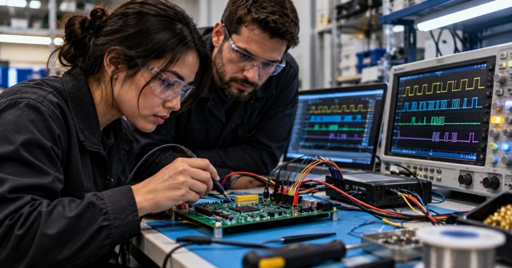 Firmware technicians probing an embedded circuit board while viewing SPI bus waveforms on a logic analyzer and oscilloscope