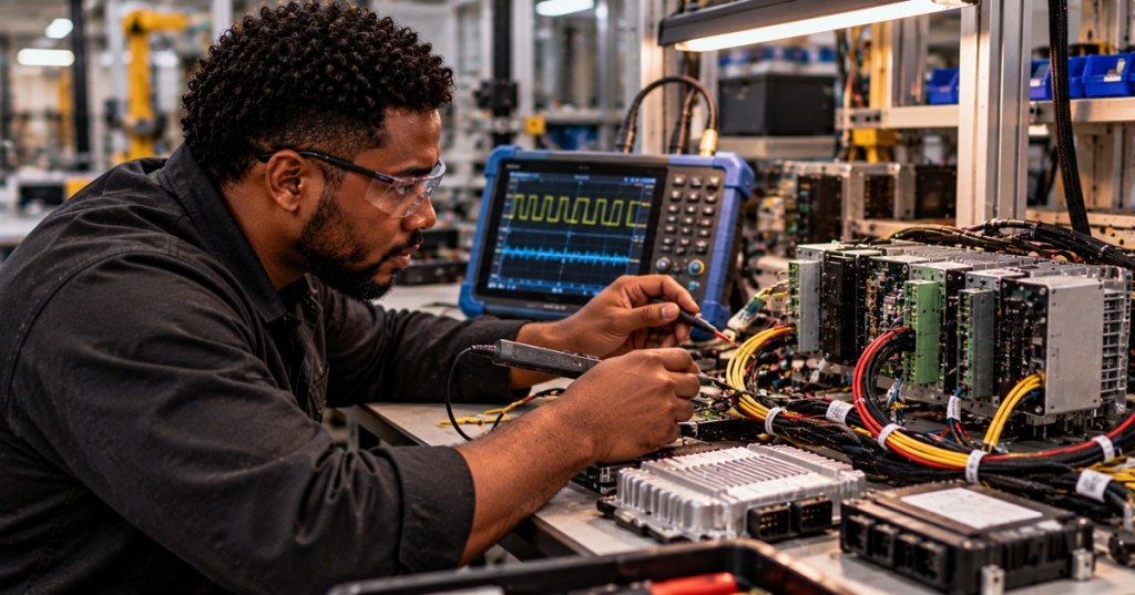 Black firmware technician diagnosing electronic control units with oscilloscope in industrial lab