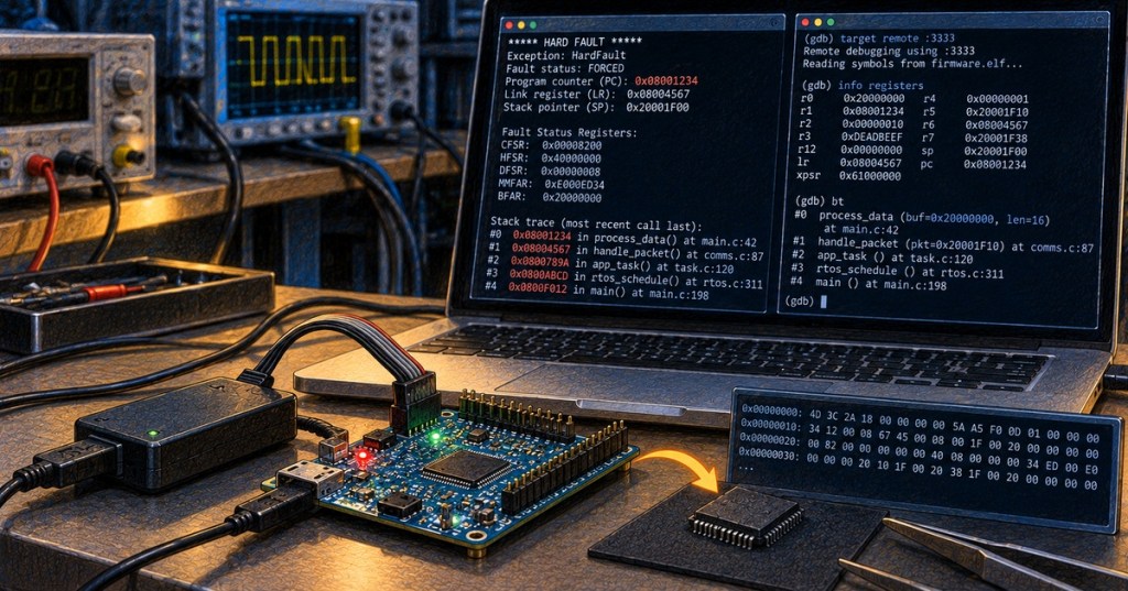 Firmware debugging bench with a microcontroller, debug probe, HardFault register dump, GDB backtrace, and crash log data.