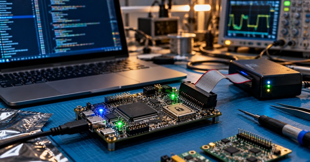 Embedded firmware security workbench with microcontroller board, secure element, debugger, laptop, and oscilloscope