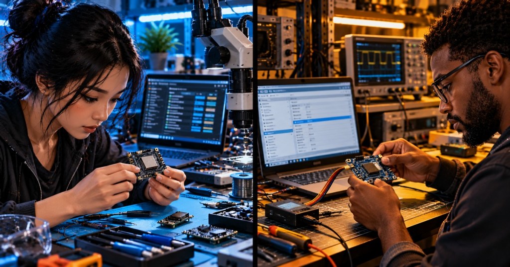 Original detailed editorial split-screen artwork of two electronics technicians examining microcontroller boards at separate firmware service benches, with digital configuration screens and diagnostic equipment.