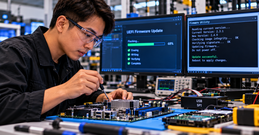Asian male firmware technician testing a board at an electronics workbench with firmware utility monitors