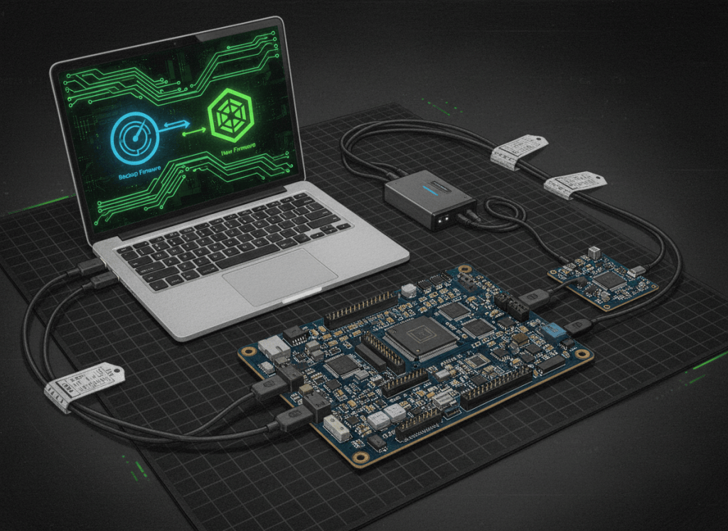 Firmware service bench with microcontroller board, SWD debugger, serial adapter, recovery jumper, and firmware flashing setup.