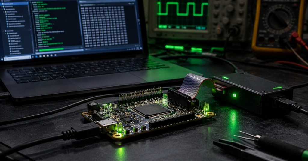 Realistic firmware debugging bench with microcontroller board, programmer, laptop code, oscilloscope, and neon-green lighting