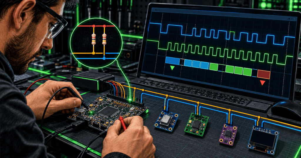 Firmware technician using a logic analyzer to troubleshoot SDA and SCL signals on an I2C bus