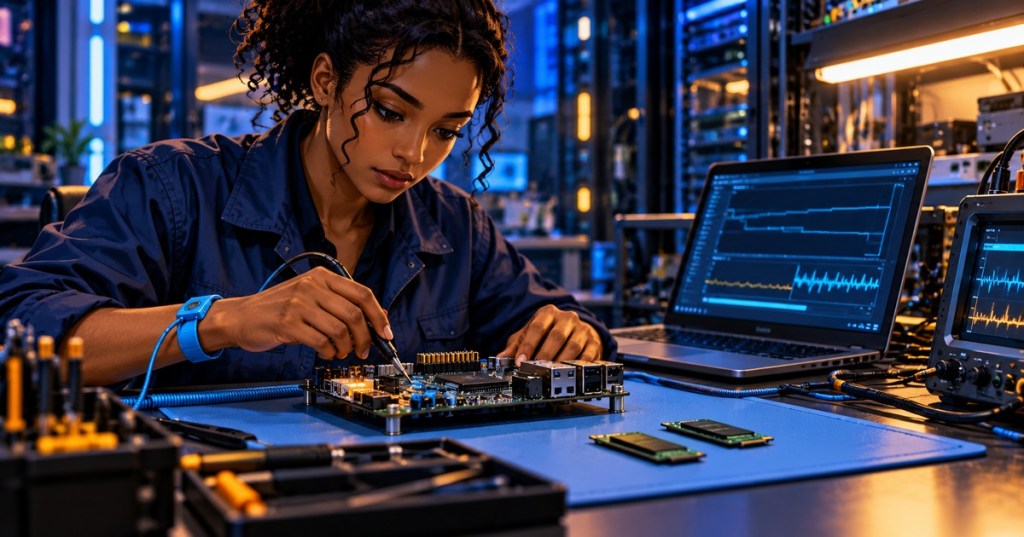 Anime editorial illustration of a Black firmware technician troubleshooting a microcontroller board at an electronics laboratory workbench