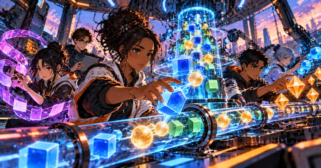Anime illustration of a diverse engineering team manipulating symbolic data types inside a futuristic systems lab