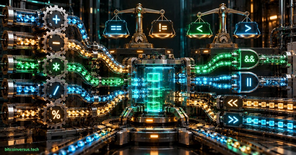 Unique cyberpunk mechanical computation factory representing Go arithmetic, comparison, logical, assignment, and bitwise operators.