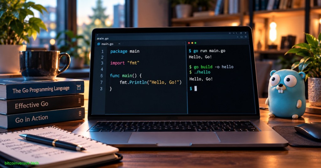 Photorealistic Go programming workstation showing main.go and terminal commands go run and go build