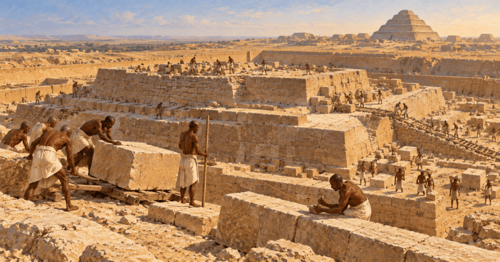 Historical illustration of limestone construction crews working at Sekhemkhet's unfinished step pyramid in Saqqara, with Djoser's Step Pyramid beyond