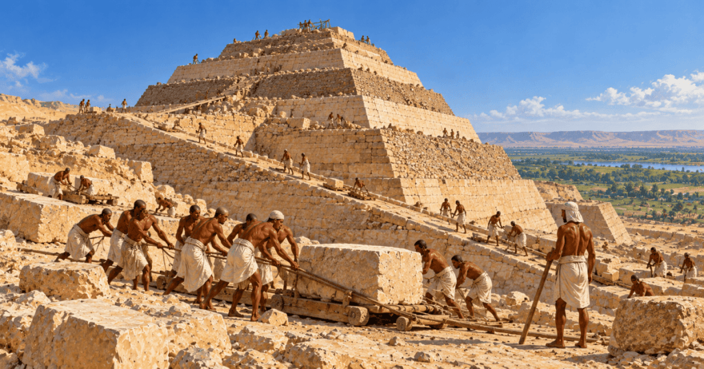 Historical reconstruction illustration of builders raising a stepped limestone pyramid in Old Kingdom Egypt; not a photograph or an accurate measured reconstruction