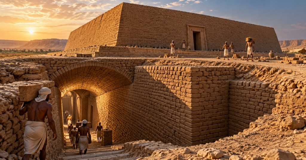 Editorial reconstruction of an ancient Egyptian mudbrick mastaba building site at Beit Khallaf, with workers and a vaulted underground access passage; interpretive image rather than a surveyed plan