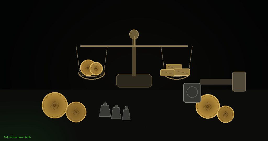 Ancient standardized metal coins, balance scale, weights, and minting tools on a black canvas with a small neon-green Bitcoinversus.tech tag at lower left.