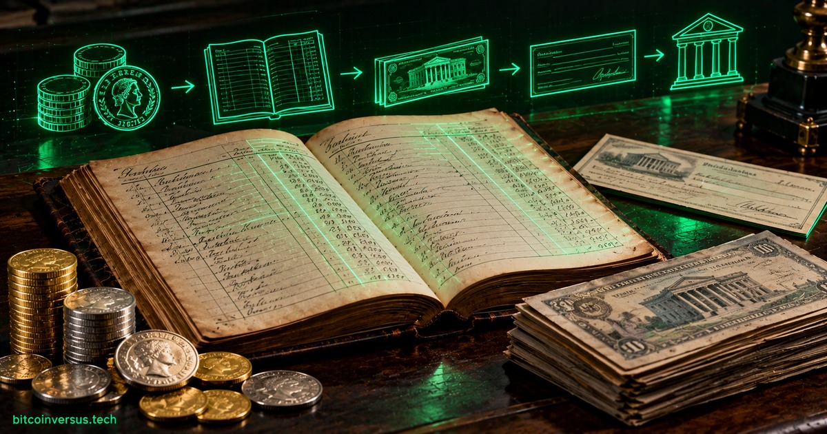 Historical editorial illustration of early banking ledgers and commercial bookkeeping