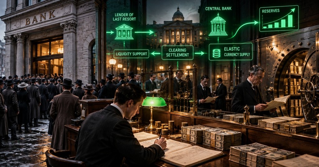 Realistic early twentieth-century bank run and central bank scene with ledgers, bank reserves, vault cash, and neon-green overlays showing liquidity support, clearing settlement, lender of last resort, and elastic currency.