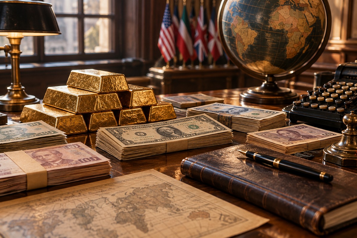 Gold bars, U.S. and foreign currency, a globe, and a ledger on a mid-century financial desk