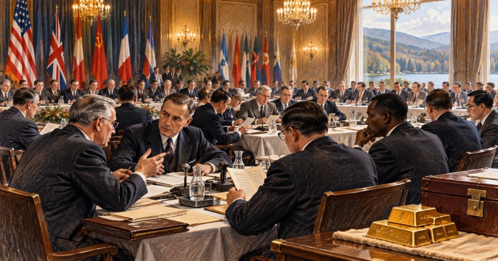 Illustrated 1944-era international monetary conference with delegates, documents, and gold bars
