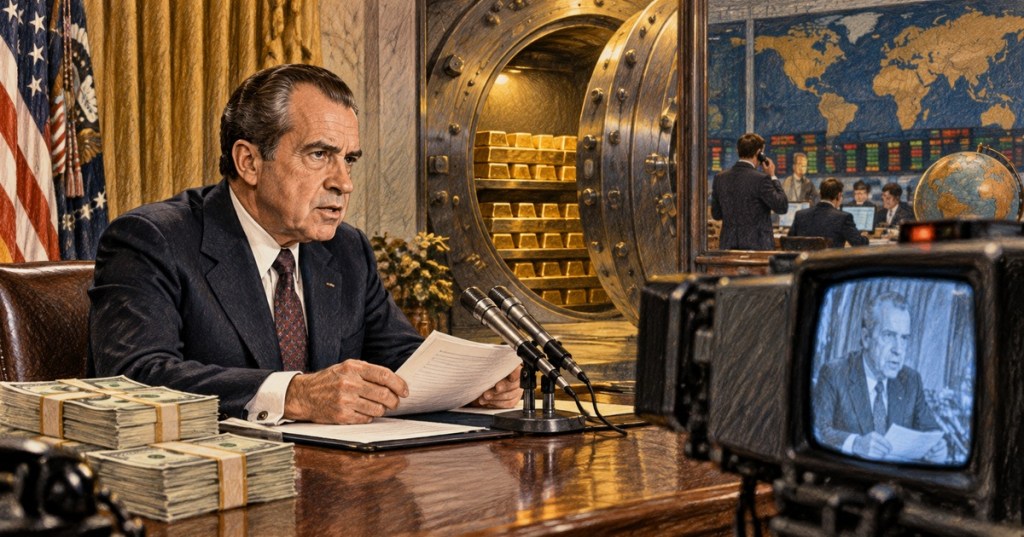 Color-pencil illustration of President Richard Nixon delivering the 1971 economic address with gold reserves, U.S. dollars, and global financial markets in the background