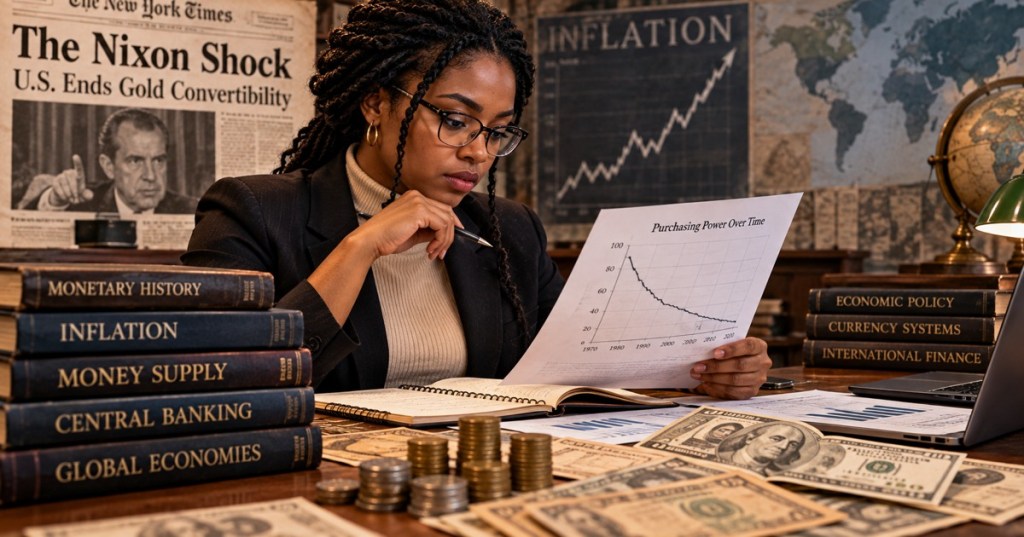 Black woman economic historian examining inflation and purchasing power in a historic research library