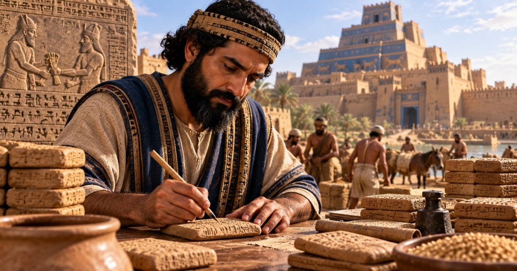 Ancient Mesopotamian scribe recording grain debts on clay tablets beside a city and ziggurat, historical reconstruction