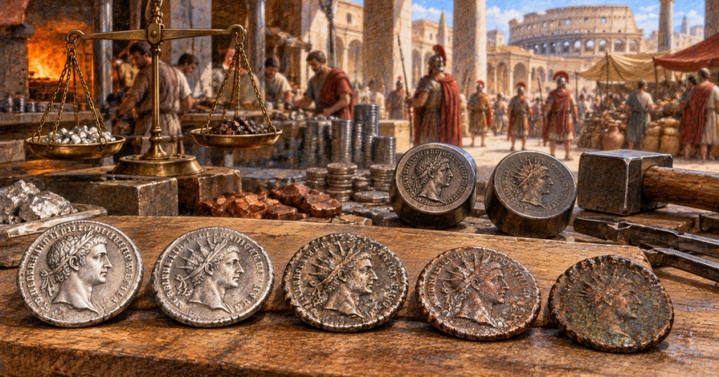 Roman mint and marketplace scene showing increasingly debased silver and copper-alloy coins, scales, dies, bullion, and coin-making tools.