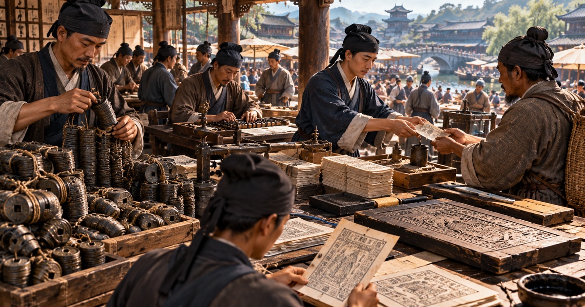 Editorial illustration of early Chinese paper money and historical commercial exchange