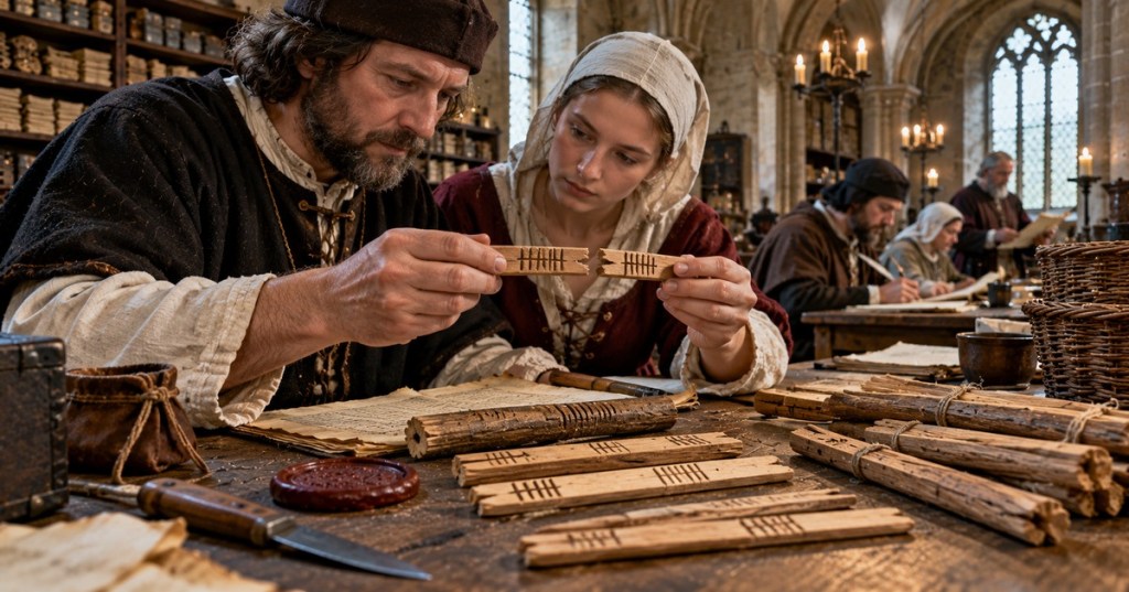 Original photographic-style historical reconstruction showing medieval clerks comparing two notched halves of a wooden tally stick in a busy English accounts chamber; not a photograph of a surviving artifact.