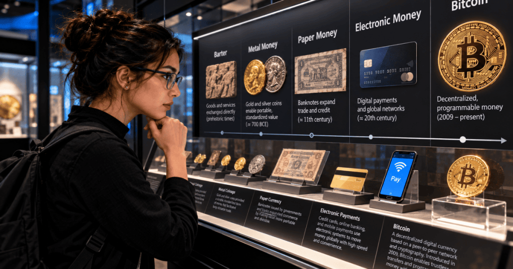 Woman studying historical coins, paper money and banking artifacts in a richly detailed museum gallery, conceptual editorial artwork