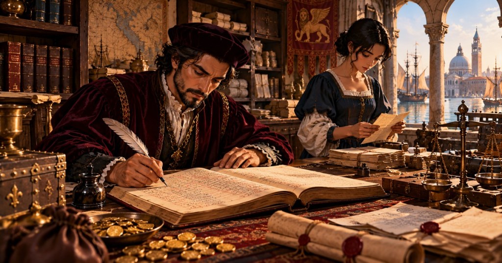 Cinematic editorial illustration of a Renaissance Venetian merchant writing in a ledger while an assistant reviews trade documents beside an open canal