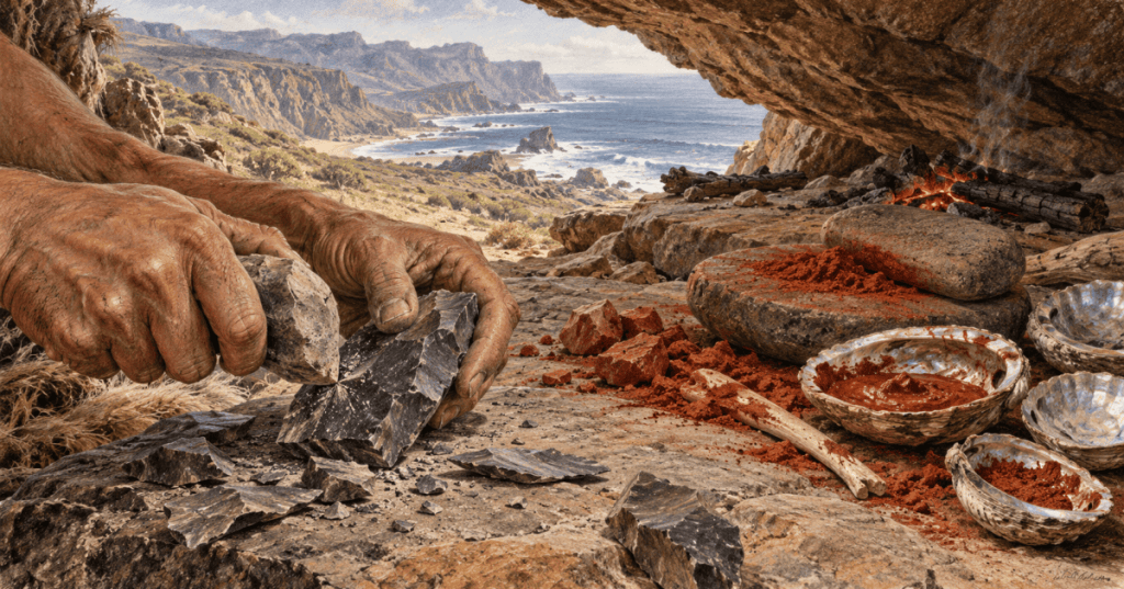 Colored-pencil reconstruction of Stone Age stone-tool making with ochre, shells and a coastal shelter.