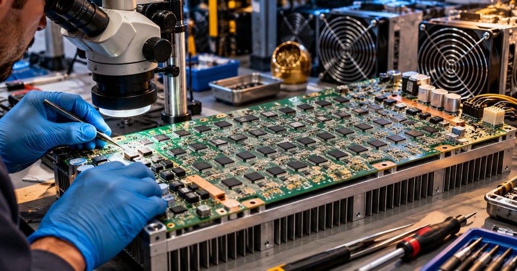 Photorealistic editorial depiction of ASIC miner hashboard inspection at an electronics repair bench
