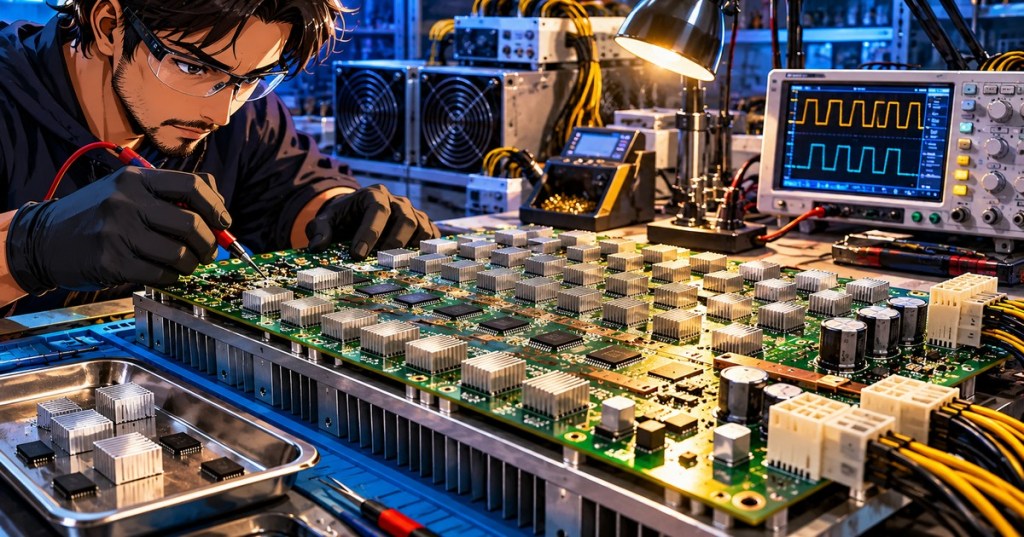 Rich anime editorial illustration of a technician inspecting an ASIC hashboard at a professional electronics workbench, with waveforms on test equipment and industrial miners in the background