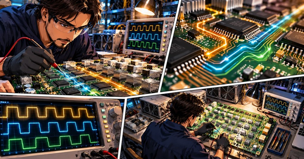 Detailed wordless comic artwork showing a mining hashboard technician and semiconductor signal analysis in an electronics laboratory