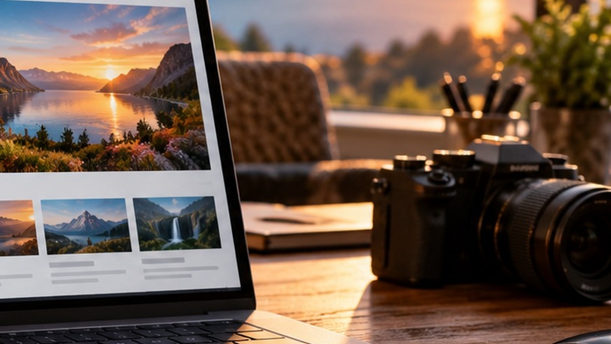 A website preview and camera on a sunlit desk beside a mountain-lake view.