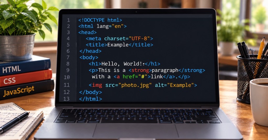 Laptop displaying HTML elements, tags, nesting, and an image element in a clean coding workspace