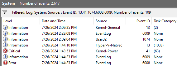 Windows Event Viewer System log filtered to show event IDs including 13, 41, 1074, 6008, and 6009.