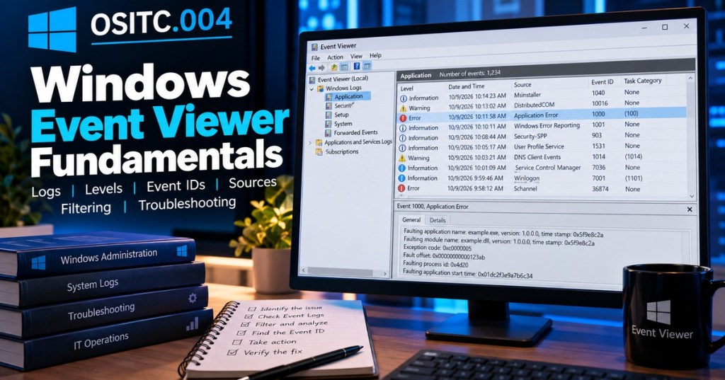 Original editorial cover showing a Windows Event Viewer workstation with logs, Event IDs, troubleshooting notes, and a dark blue technical workspace.