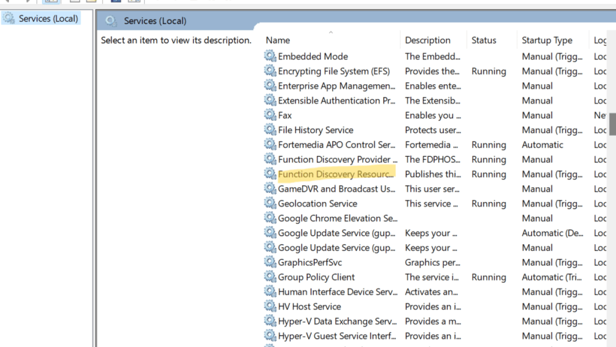 Windows Services console showing service names and background-service controls in Windows