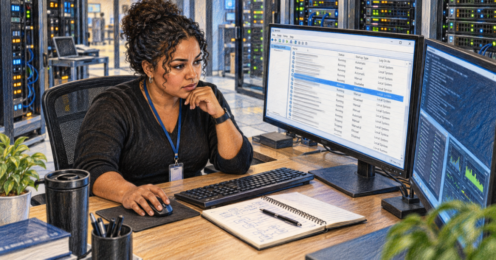 Color-pencil realistic illustration of an IT administrator managing Windows background services from a workstation in a server room