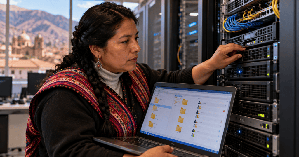 Indigenous Andean IT engineer managing network file sharing permissions beside server racks
