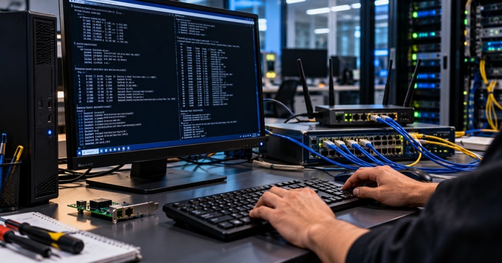 Windows network troubleshooting workstation with command-line diagnostics, switches, Ethernet cabling, and server racks.