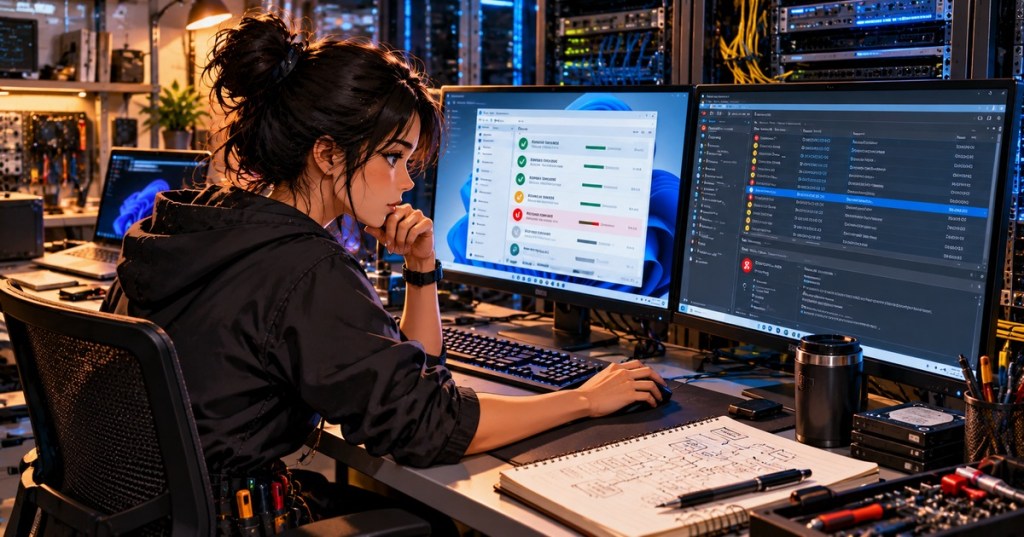 Detailed anime editorial artwork of a technician at a Windows 11 troubleshooting workstation, with update history and diagnostic event logs on separate monitors; conceptual illustration, not an actual Windows screenshot.