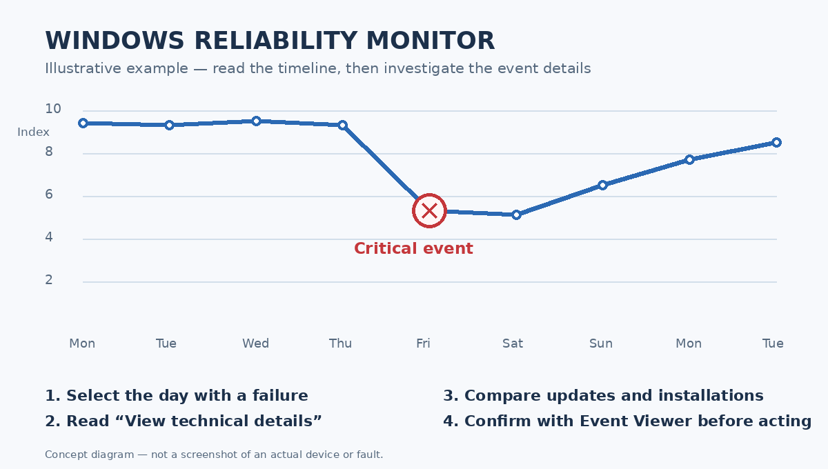 Conceptual reliability history chart shows an example critical event and follow-up investigation steps