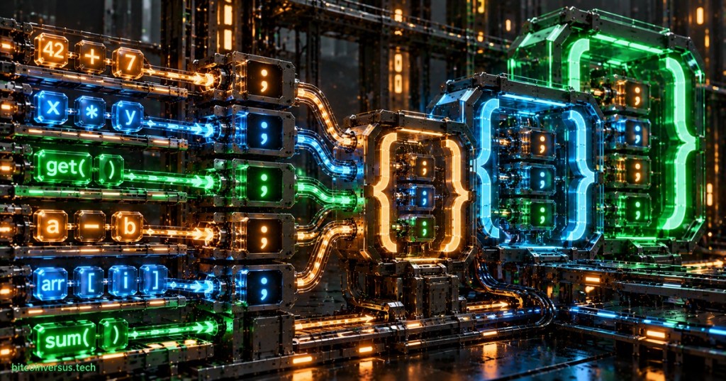 Original cyberpunk industrial illustration showing Java expressions flowing into statements and nested blocks.